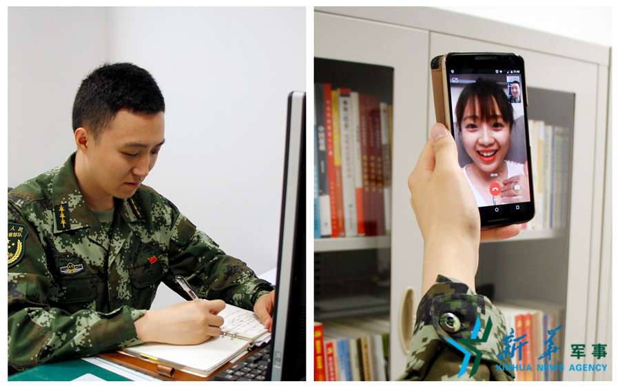 &uarr;陳德正，武警北京總隊七支隊某中隊指導(dǎo)員。七夕前夜堅守在值班崗位上的他，在結(jié)束值班后給妻子打了個視頻電話，通過網(wǎng)絡(luò)表達著對妻子的愛意。閆星辰 攝