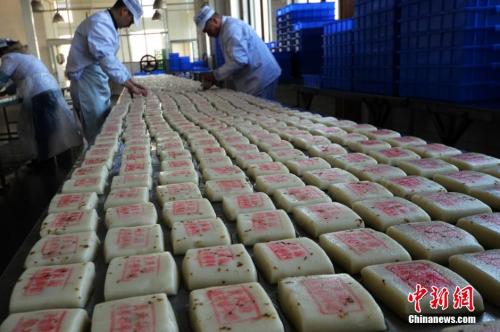 資料圖：師傅們在把制作好的桂花糖年糕擺放整齊。王思哲 攝