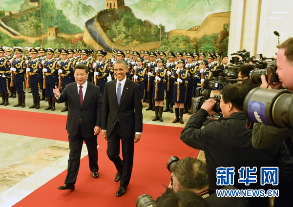 11月12日，國家主席習近平在北京人民大會堂舉行歡迎儀式，歡迎美國總統奧巴馬對中國進行國事訪問。 新華社記者 劉建生 攝