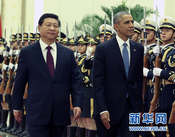 11月12日，國家主席習近平在北京人民大會堂舉行歡迎儀式，歡迎美國總統奧巴馬對中國進行國事訪問。 新華社記者 龐興雷 攝