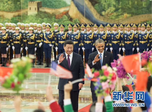 11月12日，國家主席習近平在北京人民大會堂舉行歡迎儀式，歡迎美國總統奧巴馬對中國進行國事訪問。 新華社記者 黃敬文 攝