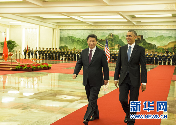 11月12日，國家主席習近平在北京人民大會堂舉行歡迎儀式，歡迎美國總統奧巴馬對中國進行國事訪問。 新華社記者 李學仁 攝