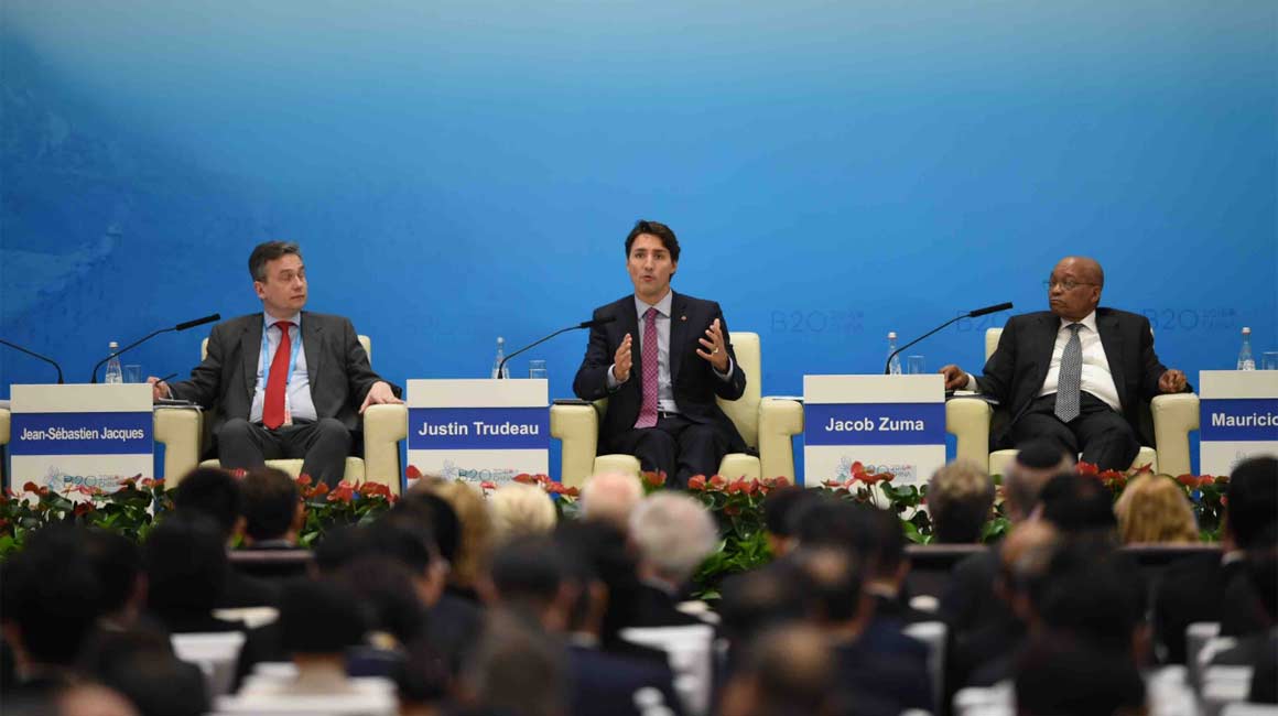 加拿大總理特魯多在工商峰會(huì)上發(fā)言